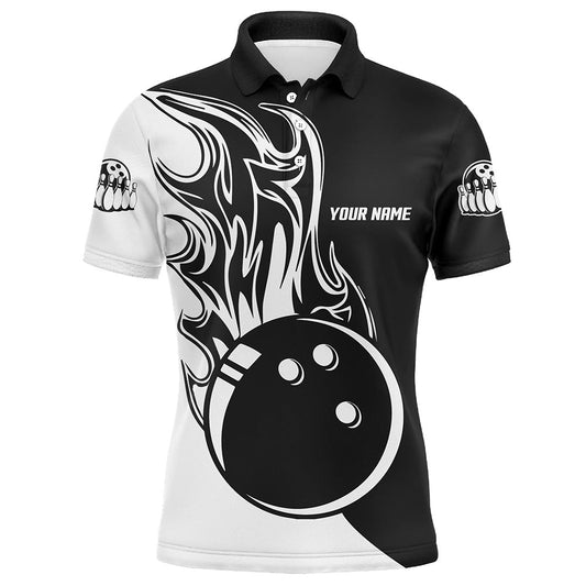 Schwarz-weiße Bowlingkugel & Feuer Poloshirt für Herren – Individuelle Herren-Bowling-Team-Trikots NQS6087