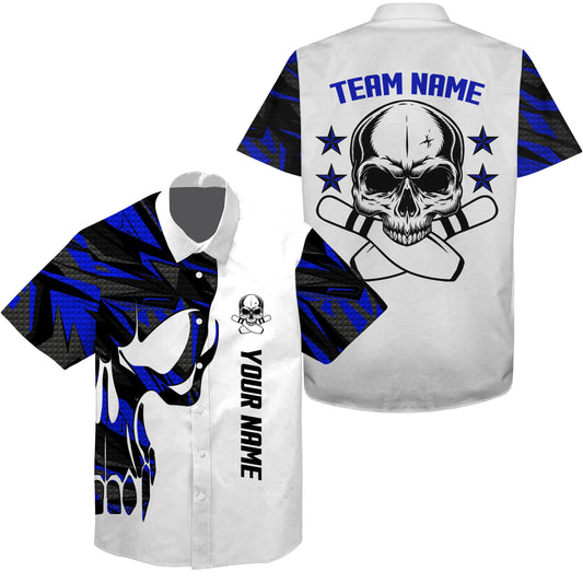 Blau-weißes hawaiianisches Bowlinghemd, personalisierter Name und Teamname, Schädel-Bowling, Team-Bowlinghemden NQS4699