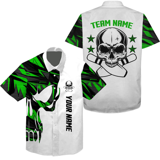 Grün-weißes hawaiianisches Bowlinghemd, personalisierter Name und Teamname, Schädel-Bowling, Team-Bowlinghemden NQS4699