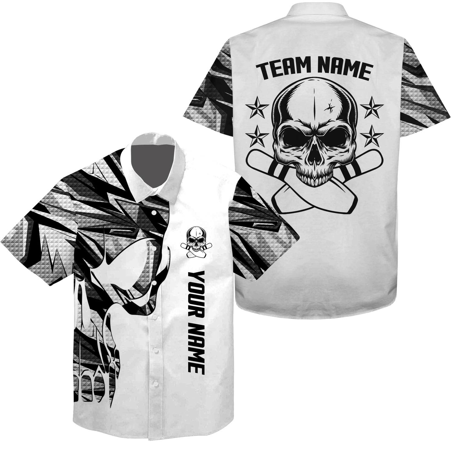 Weißes Camo-Hawaiianisches Bowlinghemd, personalisierter Name und Teamname, Schädel-Bowling, Team-Bowlinghemden NQS4699