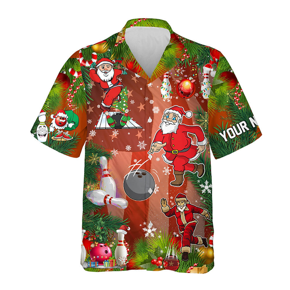 Personalisierte 3D-Bowling-Hawaiian-Shirts – Individuelle amerikanische Flagge, Weihnachtsmann-Team-Button-up-Shirts NQS6540