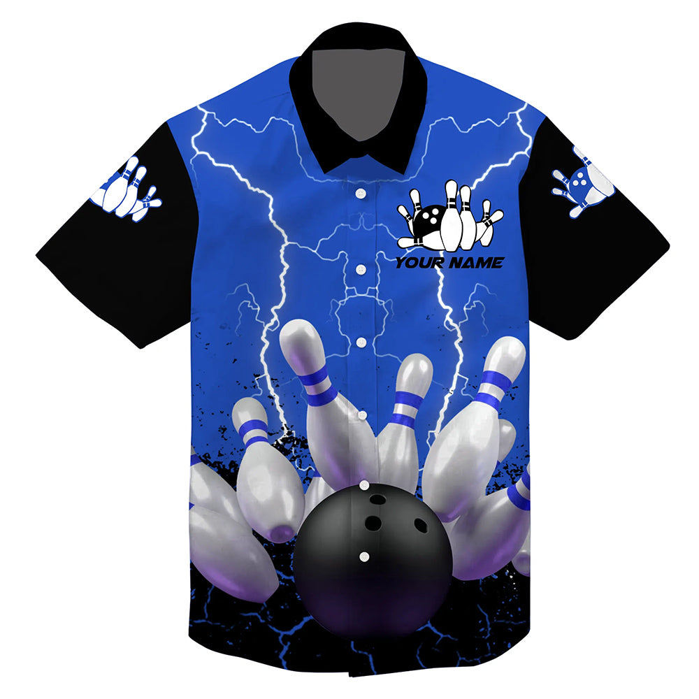 Blaues Blitz-Hawaiianisches Bowlinghemd, personalisiertes Bowling-Team-Hemd mit Knöpfen für Herren NQS5200