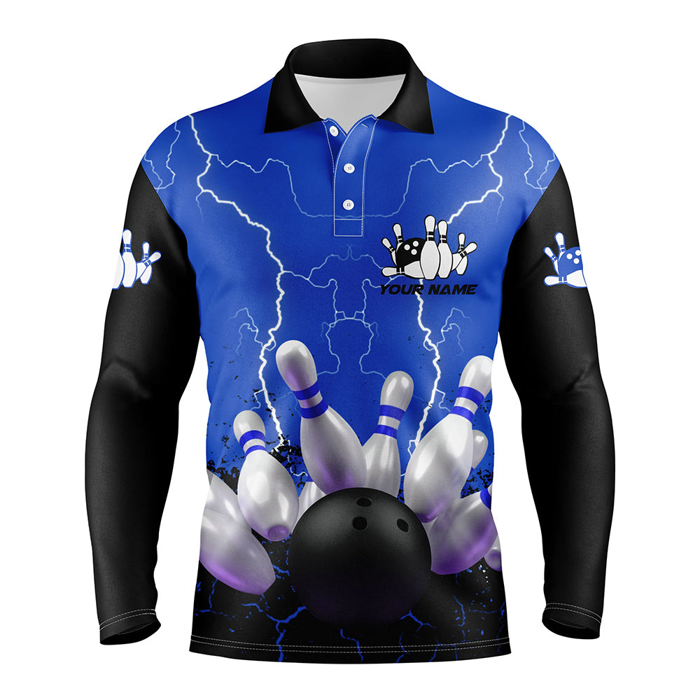 Blaues Blitz-Bowling-Poloshirt für Herren, personalisierte Bowlingtrikots, Bowling-Teamtrikots NQS5200