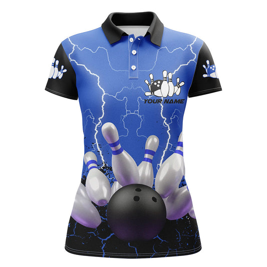 Blaues Blitz-Bowling-Poloshirt für Damen, personalisierte Bowlingliga-Shirts, weibliche Bowling-Uniform NQS5200