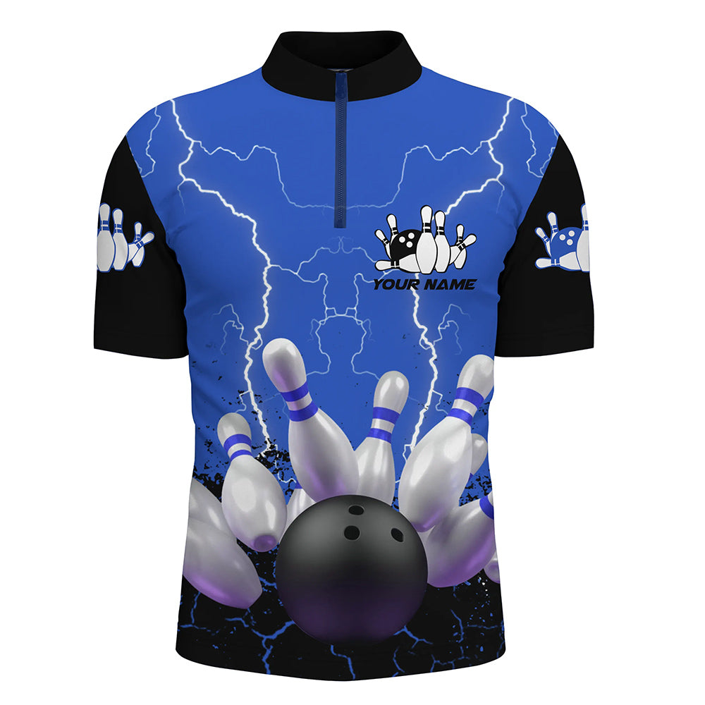 Blaues Blitz-Bowlinghemd mit Viertelreißverschluss für Herren, personalisiertes Bowlingliga-Shirt NQS5200