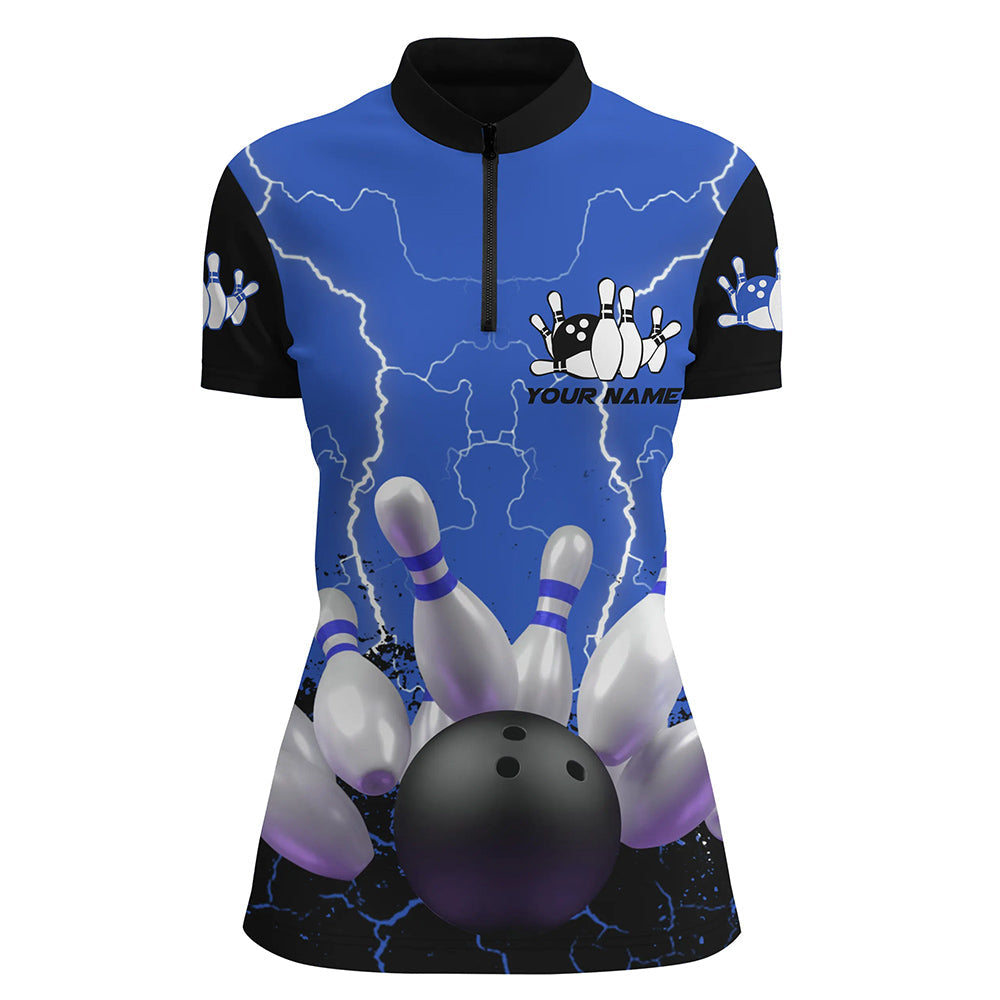 Blaues Blitz-Bowlinghemd mit Viertelreißverschluss für Damen, personalisiertes Bowling-Teamtrikot, Bowling-Teamuniform NQS5200