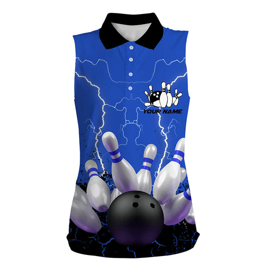 Blaues Blitz-ärmelloses Bowling-Poloshirt für Damen, personalisierte Bowlingliga-Uniform NQS5200