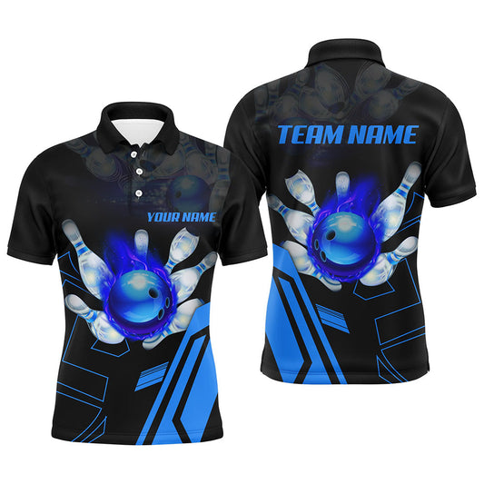 Schwarze Flammen-Bowlingkugel & Pins Trikots – Individuelle Team-Liga-Bowling-Poloshirts für Herren | Blau NQS6557