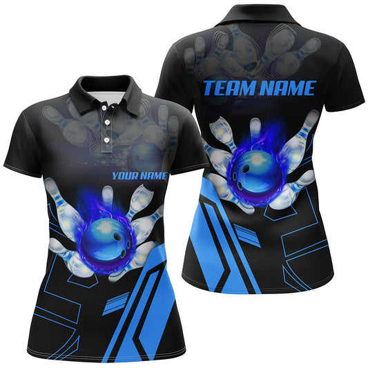 Schwarze Flammen-Bowlingkugel & Pins Trikots – Individuelle Team-Liga-Bowling-Poloshirts für Damen | Blau NQS6557