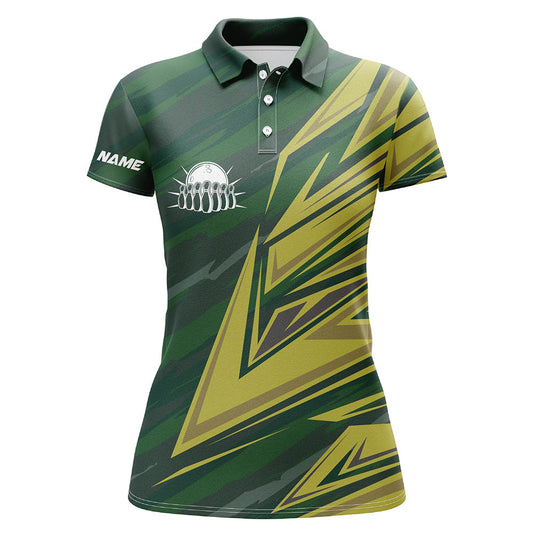 Damen-Bowling-Poloshirts – Individuelle grün-gelbe Tarnmuster-Bowling-Team-Trikots, Geschenk für Team-Bowler NQS6380