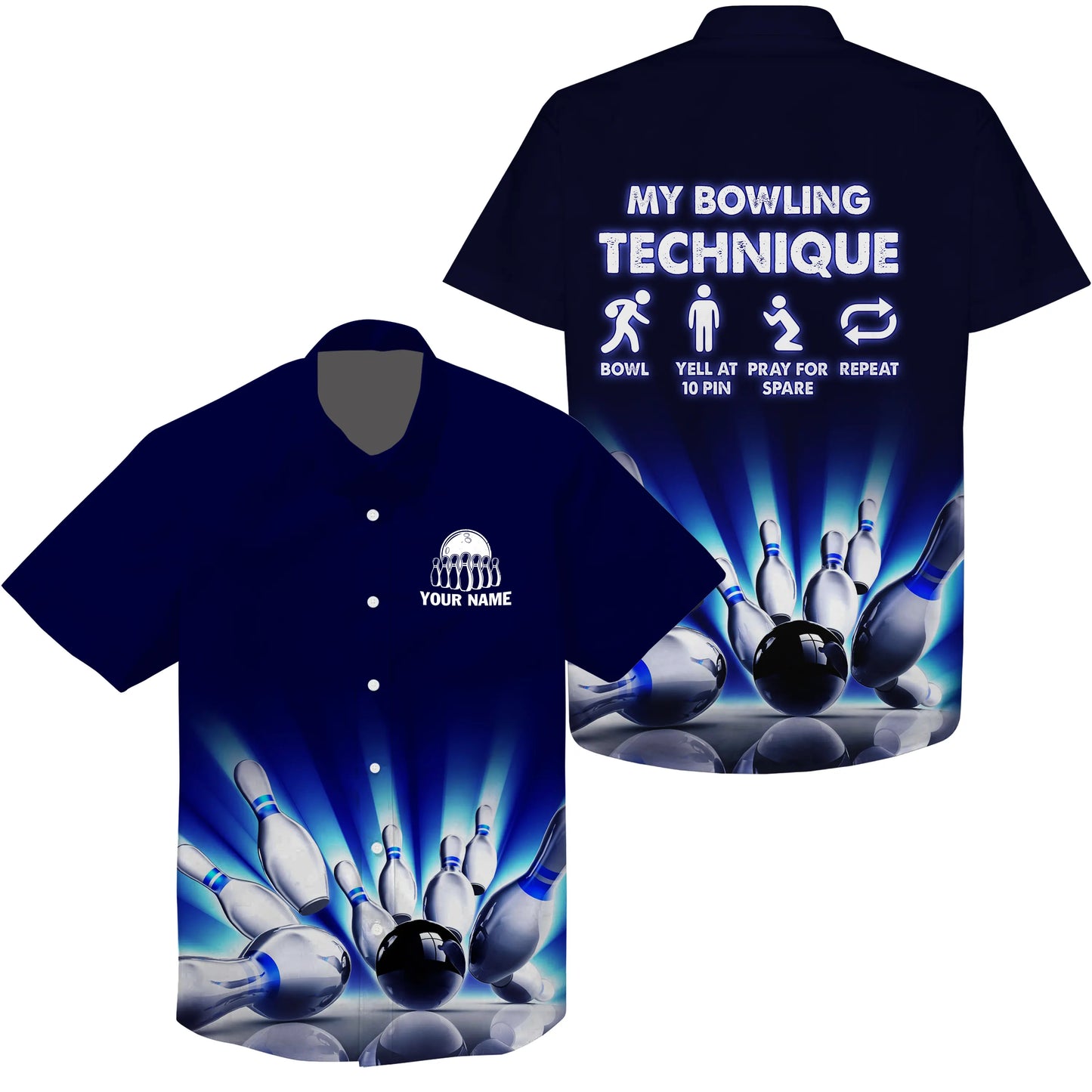 "My Bowling Technique" personalisierte lustige hawaiianische Bowlinghemden für Männer, personalisierte Team-Bowlingtrikots NQS4674