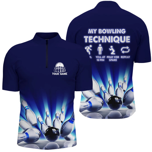 "My Bowling Technique" personalisierte lustige Herren-Bowlinghemden mit Viertelreißverschluss, personalisierte Bowlingtrikots NQS4674