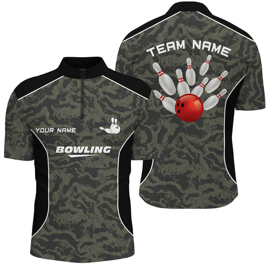 Herren-Bowlinghemden mit Viertelreißverschluss, personalisierte Bowlingkugel und Pins, Camo-Bowling-Teamtrikot für Herren NQS5248