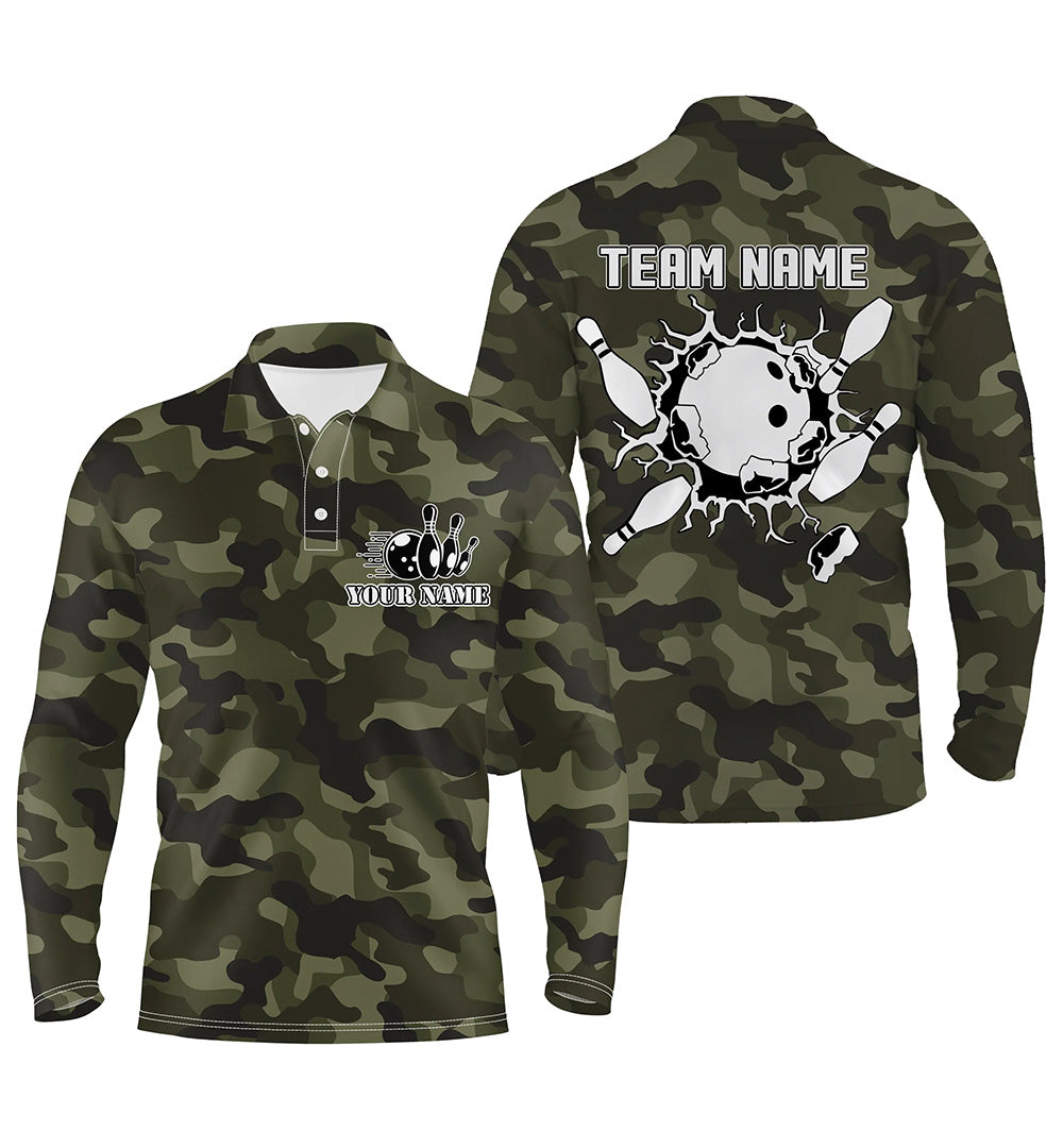 Herren-Poloshirts, personalisierte Bowlingkugel und Pins, grünes Camo-Bowling-Teamtrikot für Herren NQS5261