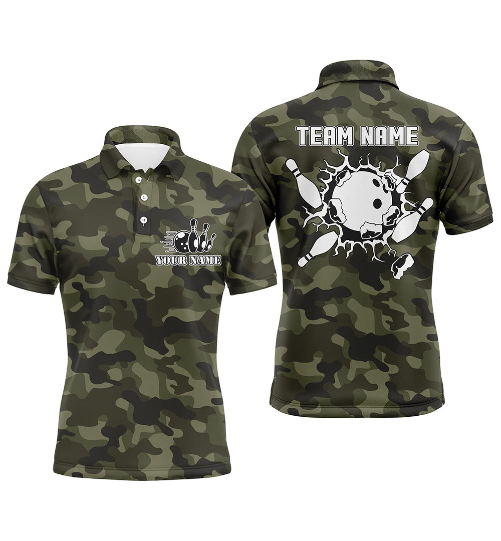 Herren-Poloshirts, personalisierte Bowlingkugel und Pins, grünes Camo-Bowling-Teamtrikot für Herren NQS5261