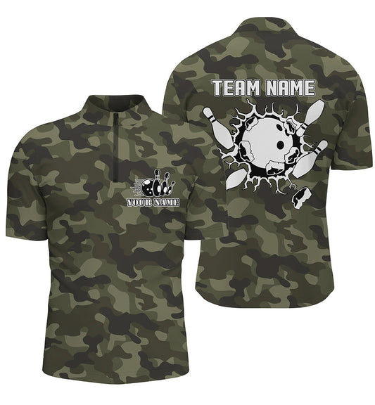 Herren-Bowlinghemden mit Viertelreißverschluss, personalisierte Bowlingkugel und Pins, grünes Camo-Bowling-Teamtrikot NQS5261