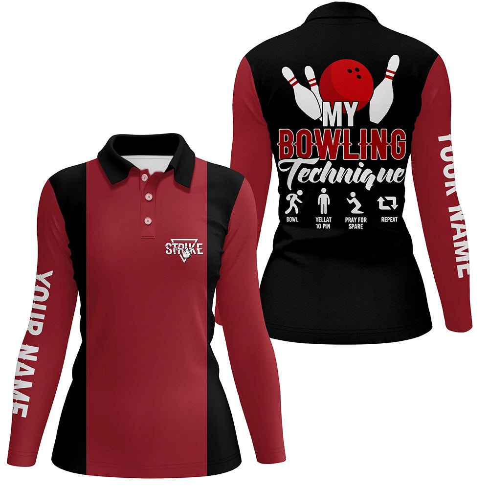 Rot-schwarzes Vintage-Bowling-Poloshirt für Damen – Meine Bowling-Technik, Strike, Bowling-Team-Trikot NQS5487