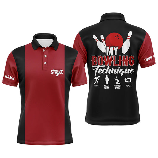 Rot-schwarze Vintage-Bowling-Poloshirts für Herren – Meine Bowling-Technik, Strike, Bowling-Team-Trikot NQS5487