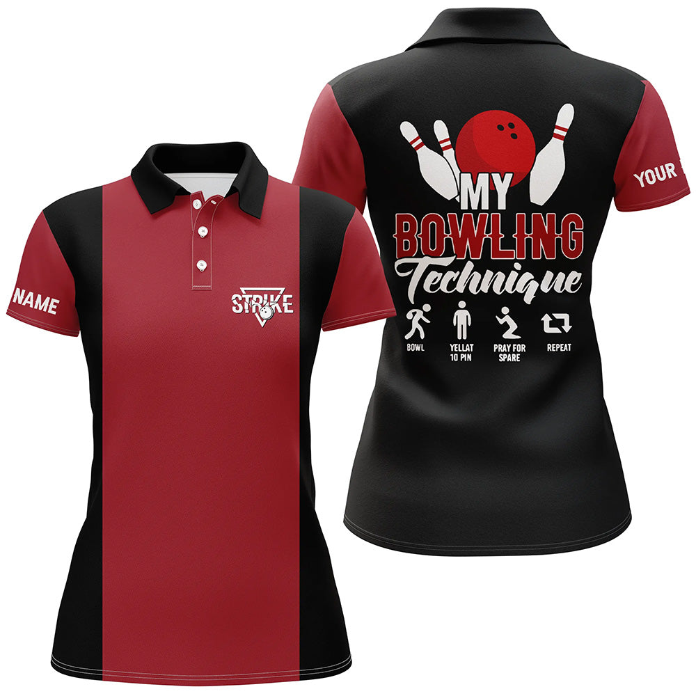 Rot-schwarzes Vintage-Bowling-Poloshirt für Damen – Meine Bowling-Technik, Strike, Bowling-Team-Trikot NQS5487