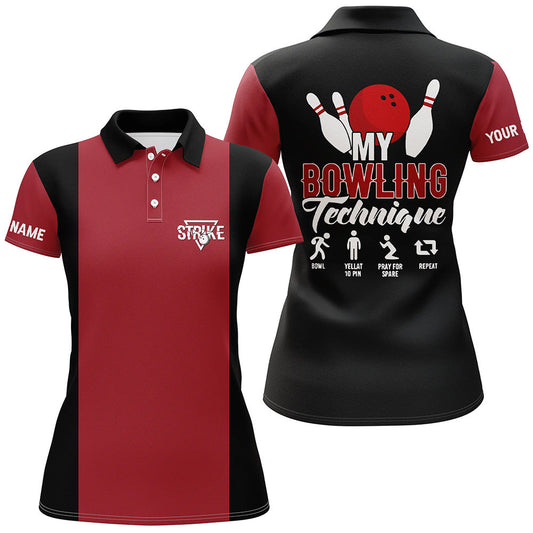 Rot-schwarzes Vintage-Bowling-Poloshirt für Damen – Meine Bowling-Technik, Strike, Bowling-Team-Trikot NQS5487