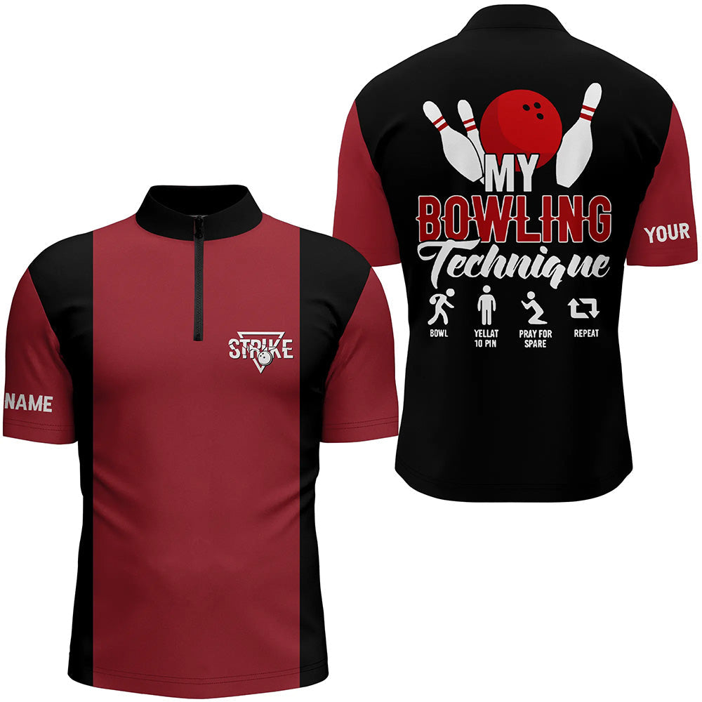 Rot-schwarzes Vintage-Bowling-Quarter-Zip-Shirt für Herren – Meine Bowling-Technik, Strike, Bowling-Team-Trikot NQS5487