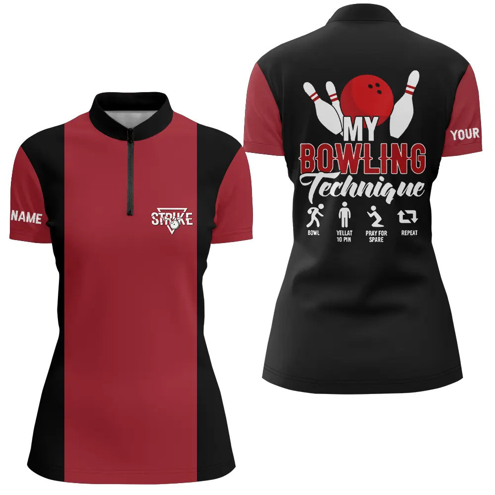 Rot-schwarze Vintage-Bowling-Quarter-Zip-Shirts für Damen – Individuelle Bowling-Technik, Strike, Bowling-Team-Trikot NQS5487