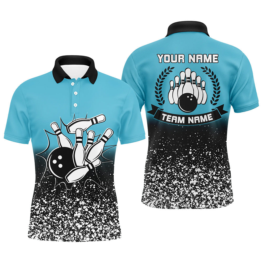 Herren-Bowling-Poloshirt – Individuelle Retro-Bowlingkugel & Pins, „Strike“-Team-Liga-Trikots | Blau NQS6407