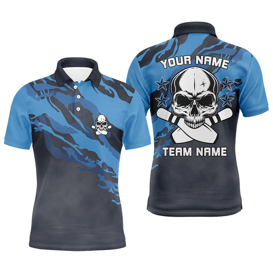 Personalisierte blaue Tarnmuster-Schädel-Bowling-Poloshirts für Herren – Individueller Teamname, Bowler-Trikot NQS6411