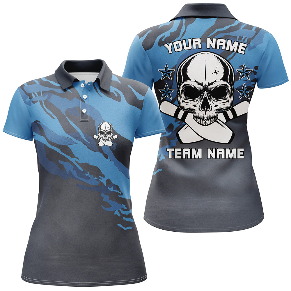 Personalisierte blaue Tarnmuster-Schädel-Bowling-Poloshirts für Damen – Individueller Teamname, Bowler-Trikot NQS6411