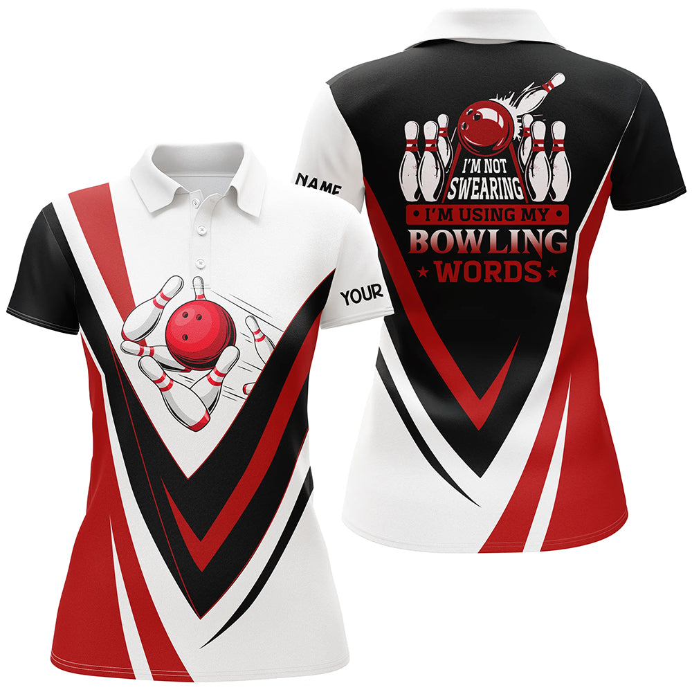 Individuelle Bowling-Poloshirts für Damen – „I'm not swearing, I'm using my bowling words“ Rote Bowl-Shirts NQS6633