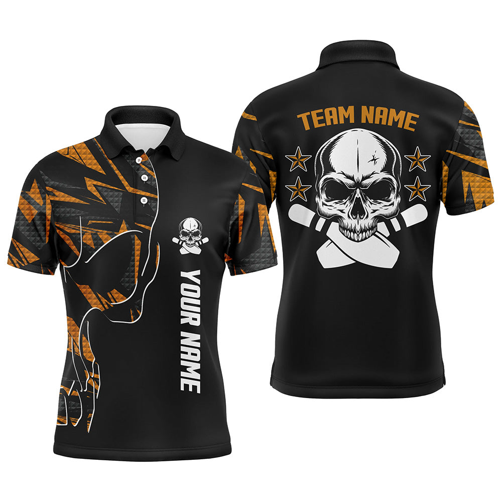 Orange-schwarz getarnte Bowling-Poloshirts für Herren – Individueller Teamname Schädel-Bowling, Team-Bowling-Shirts NQS6184