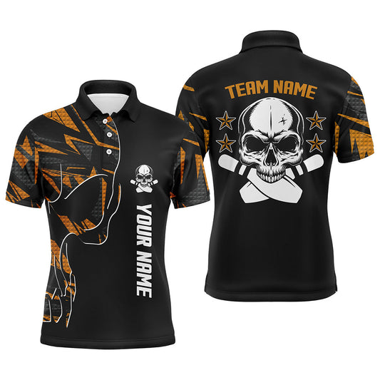 Orange-schwarz getarnte Bowling-Poloshirts für Herren – Individueller Teamname Schädel-Bowling, Team-Bowling-Shirts NQS6184