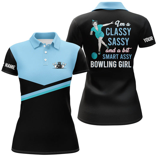 Personalisierte schwarz-blaue Damen-Bowling-Poloshirts: "I'm a classy sassy and a bit smart assy bowling girl" NQS5303