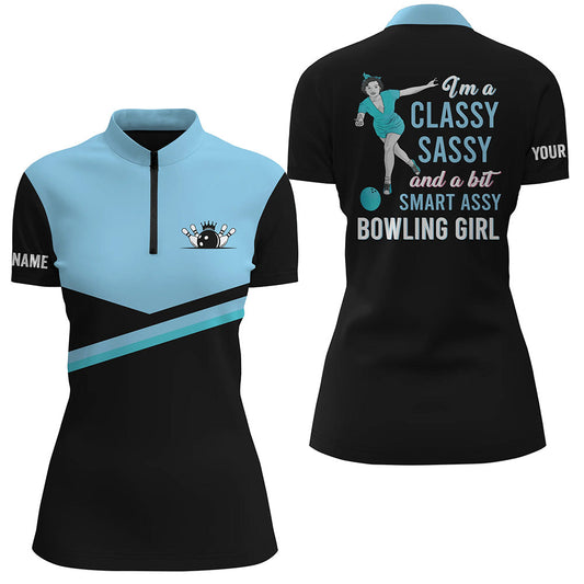 Personalisierte schwarz-blaue Damen-Bowlinghemden mit Viertelreißverschluss: "I'm a classy sassy and a bit smart assy bowling girl" NQS5303