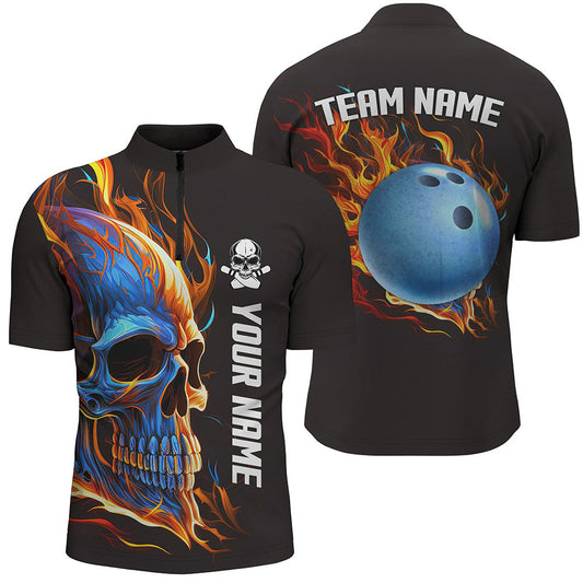 Schädel in Flammen Bowling-Quarter-Zip-Shirts für Herren – Individuelles Team Schädel-Bowling-Trikots NQS6197