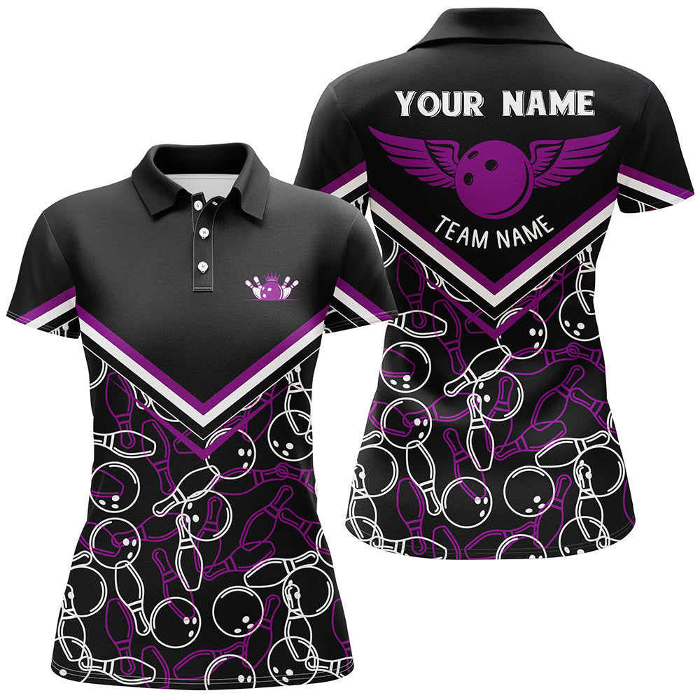 Personalisierte 3D-Bowling-Shirts für Damen – Individuelles schwarz-lila Kurzarm-Poloshirt für Mädchen NQS6441