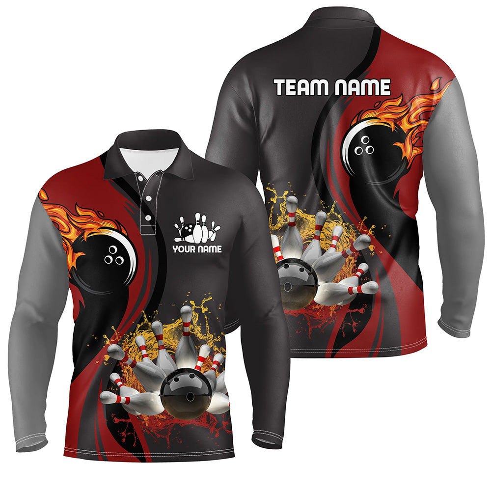 Herren-Bowling-Poloshirts – Individuelle Flammen-Bowlingkugel & Pins, Bowler-Trikots für Herren | Rot NQS6448