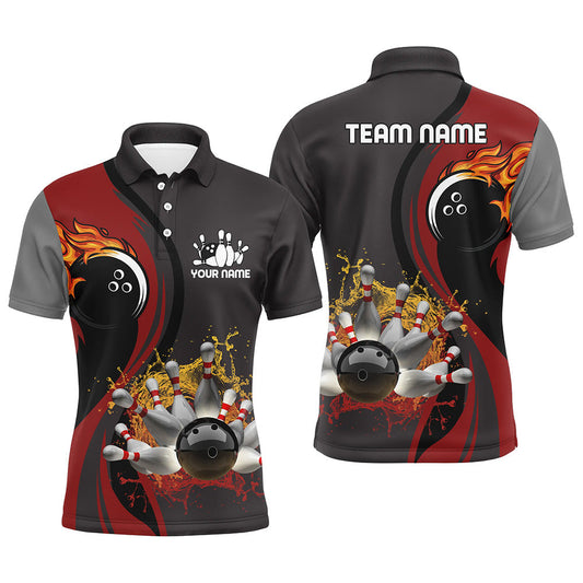 Herren-Bowling-Poloshirts – Individuelle Flammen-Bowlingkugel & Pins, Bowler-Trikots für Herren | Rot NQS6448