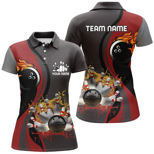 Damen-Bowling-Poloshirts – Individuelle Flammen-Bowlingkugel & Pins, Bowler-Trikots für Damen | Rot NQS6448