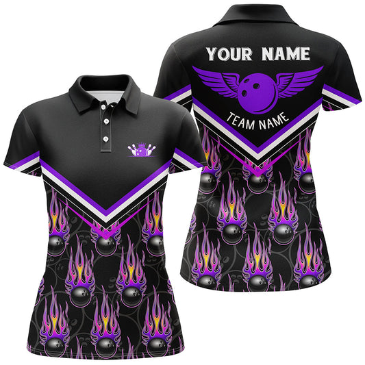 Personalisierte 3D-Team-Bowling-Poloshirts für Damen – Schwarze Flammen-Bowlingkugel-Trikots | Lila NQS6010