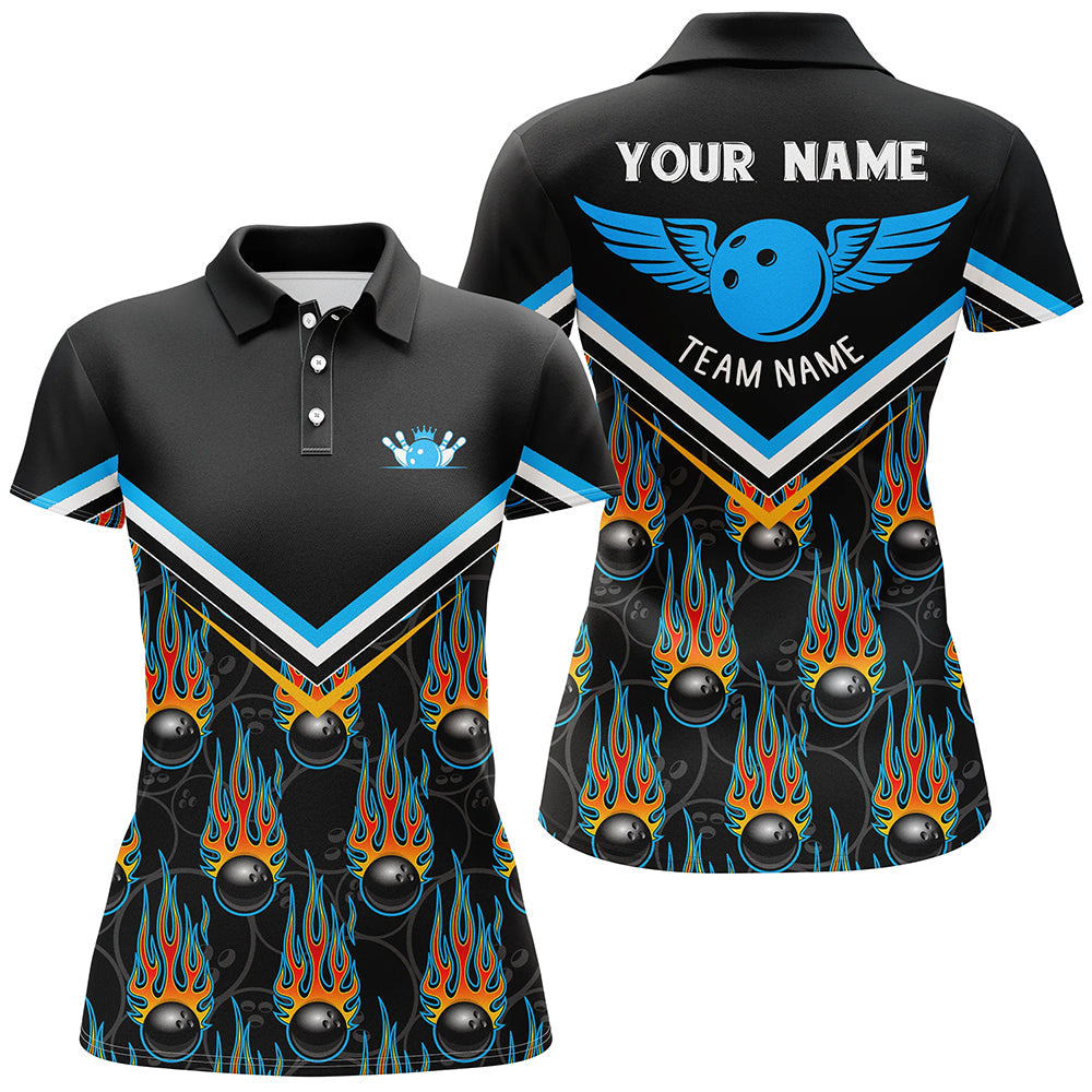 Personalisierte 3D-Team-Bowling-Poloshirts für Damen – Individuelle Schwarze Flammen-Bowlingkugel-Trikots für Bowler NQS6011