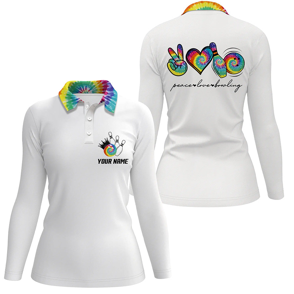 Bunte Tie-Dye „Peace, Love, Bowling“ Weiße Bowling-Poloshirts für Damen – Individuelle Team-Bowling-Shirts NQS6693