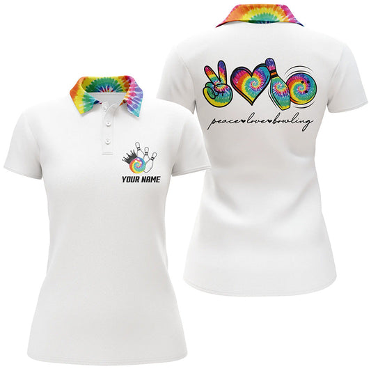 Bunte Tie-Dye „Peace, Love, Bowling“ Weiße Bowling-Poloshirts für Damen – Individuelle Team-Bowling-Shirts NQS6693