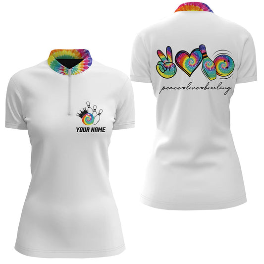 Bunte Tie-Dye „Peace, Love, Bowling“ Bowling-Quarter-Zip-Shirts für Damen – Individuelle Team-Bowling-Shirts NQS6693