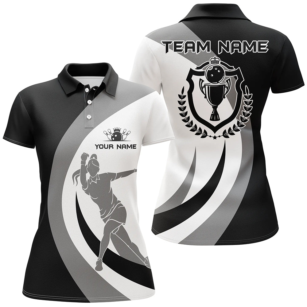 Schwarz-weiße Retro-Bowling-Poloshirts für Damen – Individuelles Bowling-Team-Liga-Trikot NQS6704