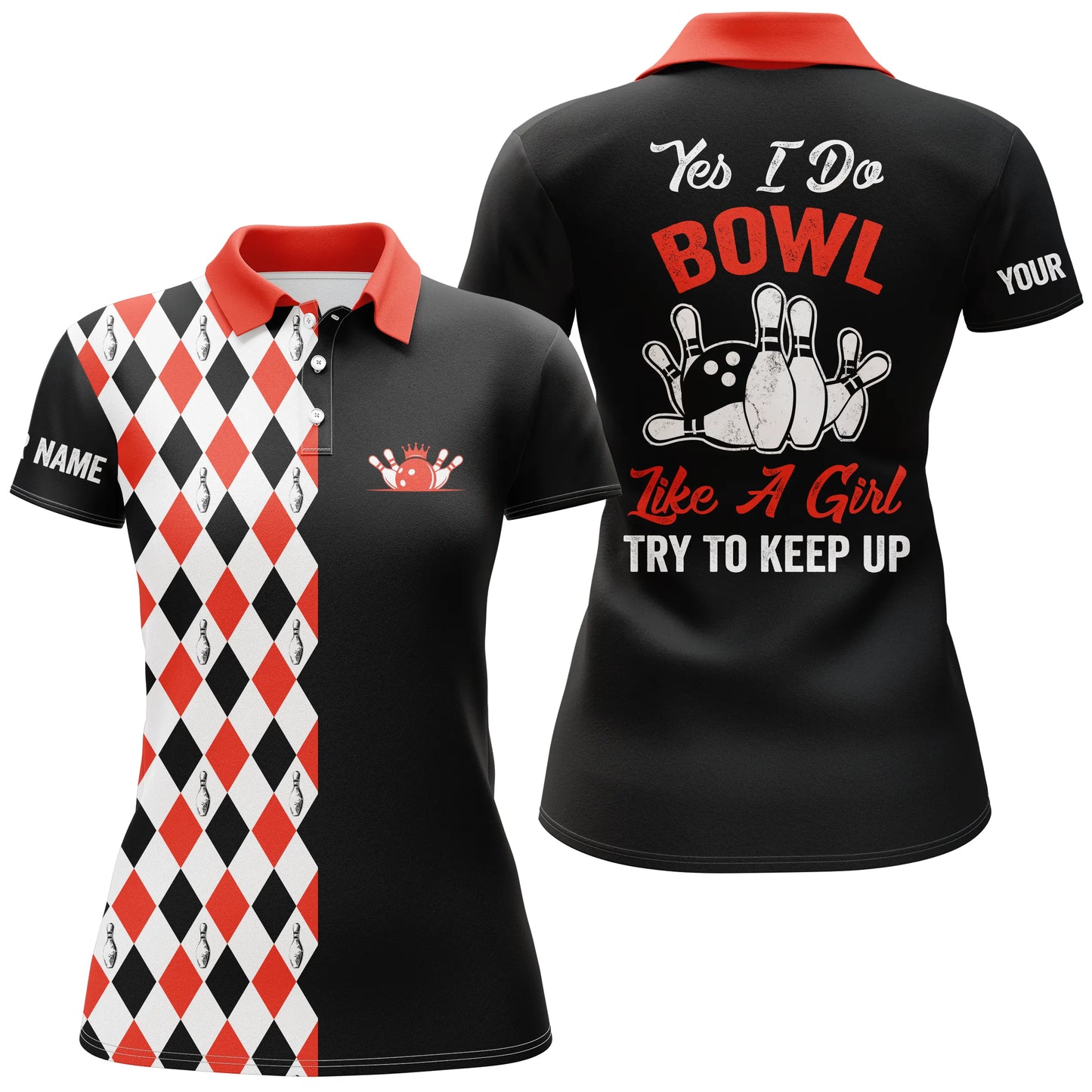 Personalisierte schwarz-rote Bowlinghemden für Damen, personalisierter Name: yes I do bowl like a girl, try to keep up NQS4791