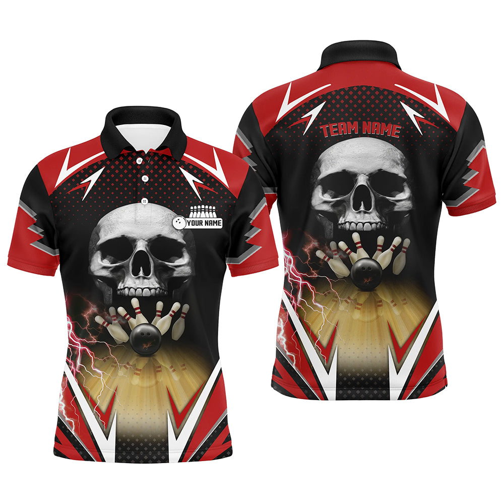 Rot-schwarze Bowling-Schädel-Poloshirts für Herren – Individuelle Bowlingkugel & Pins Team-Liga-Trikots NQS6251