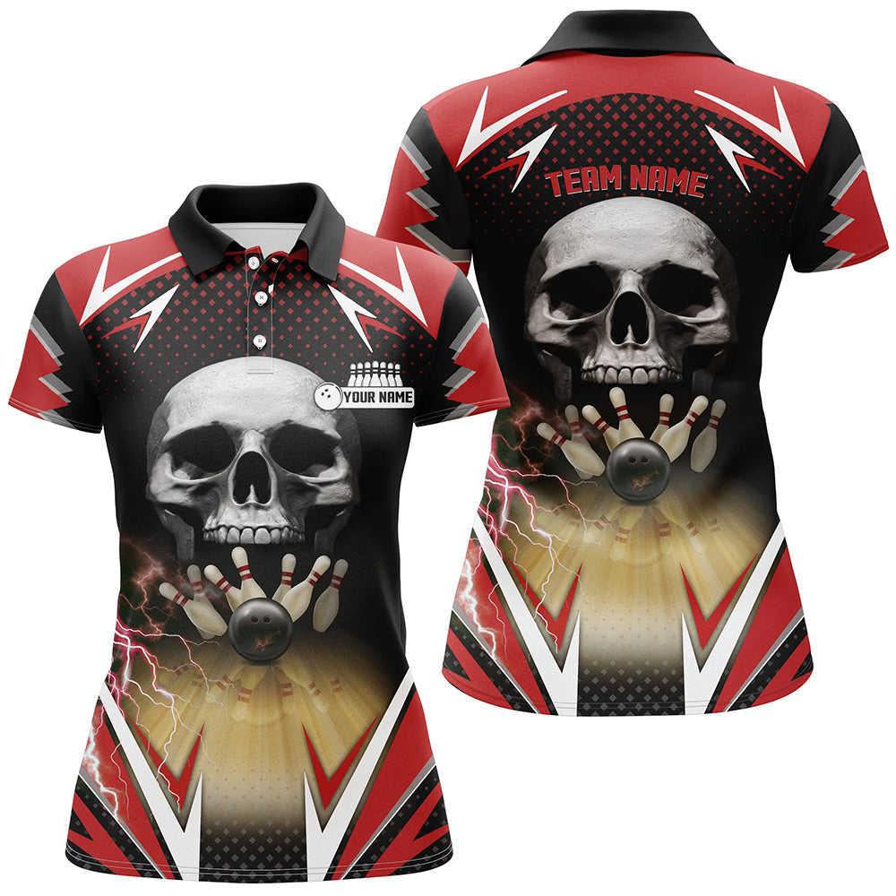 Rot-schwarze Bowling-Schädel-Poloshirts für Damen – Individuelle Bowlingkugel & Pins Team-Liga-Trikots NQS6251