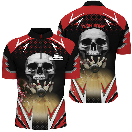 Rot-schwarze Bowling-Schädel-Quarter-Zip-Shirts für Herren – Individuelle Bowlingkugel & Pins Team-Liga-Trikots NQS6251