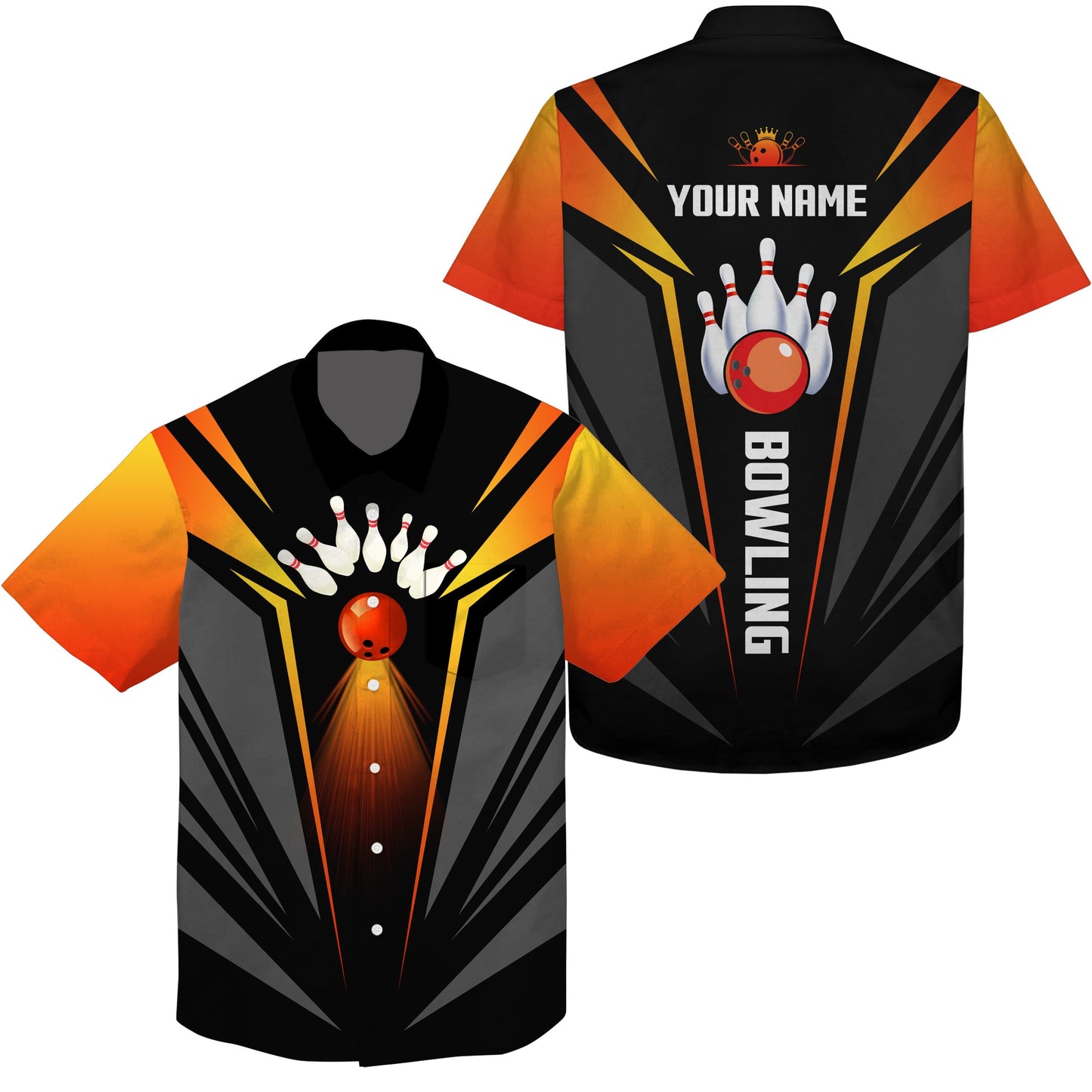 Personalisierte hawaiianische Bowlinghemden, Bowlingkugel und Pins Teamhemd, schwarz-orange Bowlinghemden NQS4458